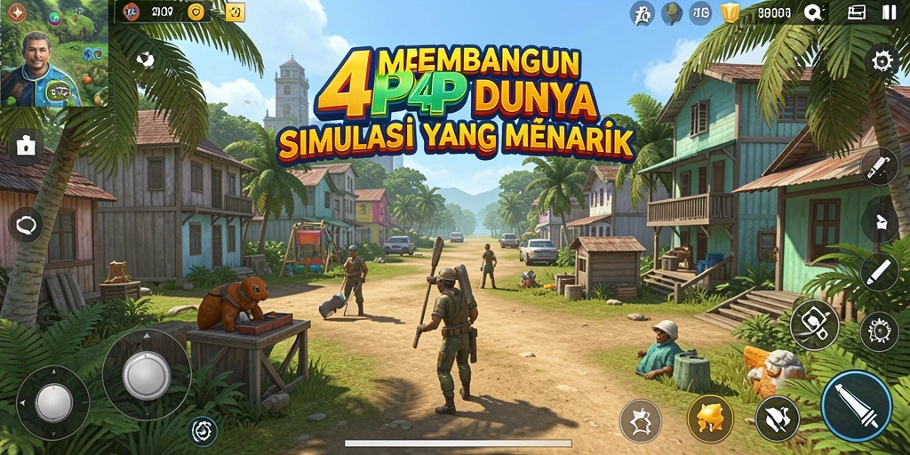 Tampilan screenshot utama 4P4P menampilkan dunia simulasi yang diciptakan oleh pemain.