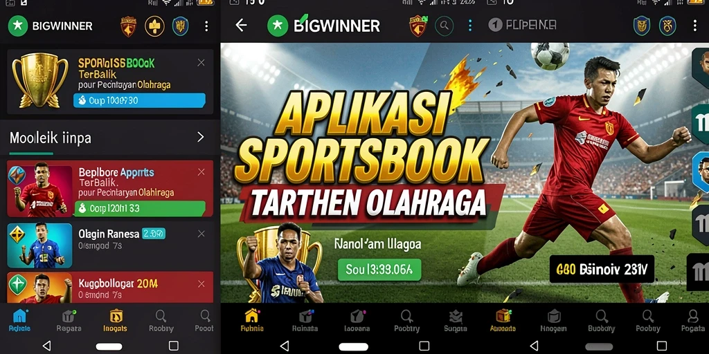 Tampilan screenshot utama menampilkan antarmuka pengguna <strong>BIGWINNER</strong> dengan fitur taruhan olahraga.