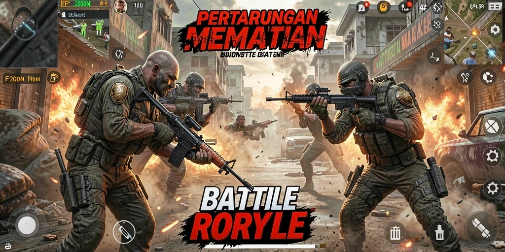 Screenshot utama F200M menampilkan aksi seru dalam pertarungan Battle Royale.