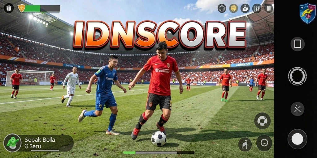 Tampilan gameplay IDNSCORE yang penuh aksi di lapangan sepak bola.