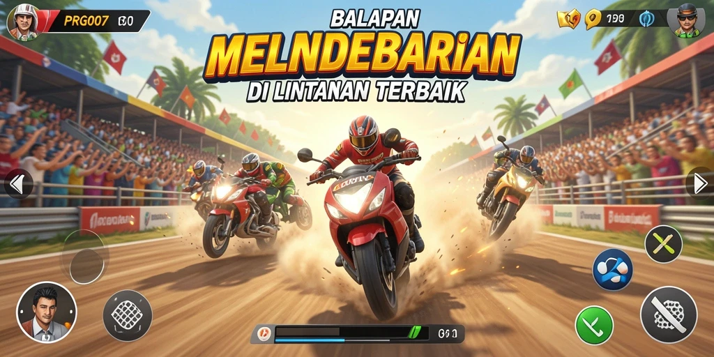 Screenshot PRG007 menampilkan aksi balapan mendebarkan di trek yang berkelok.