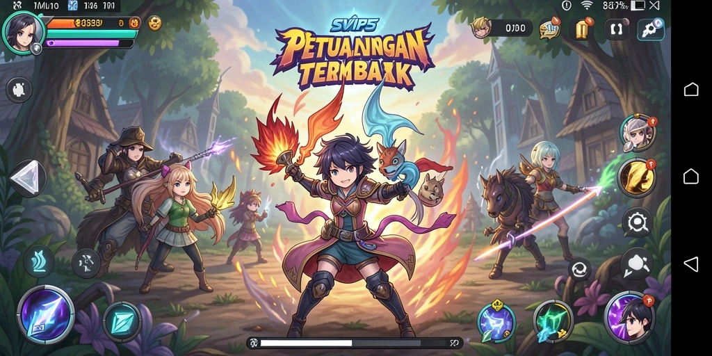 Screenshot gameplay SVIP5 yang penuh warna dan karakter anime.