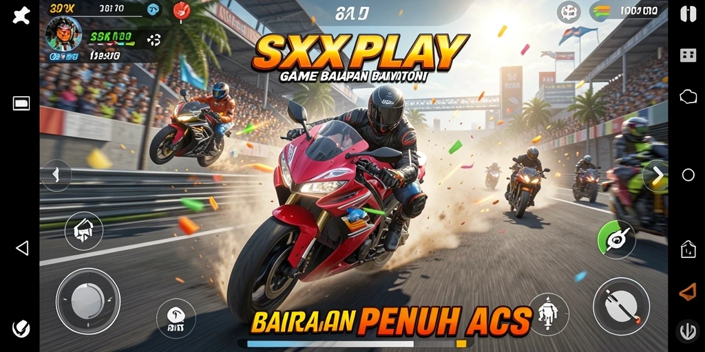 Screenshot gameplay SXXPLAY yang menunjukkan balapan motor yang mendebarkan.